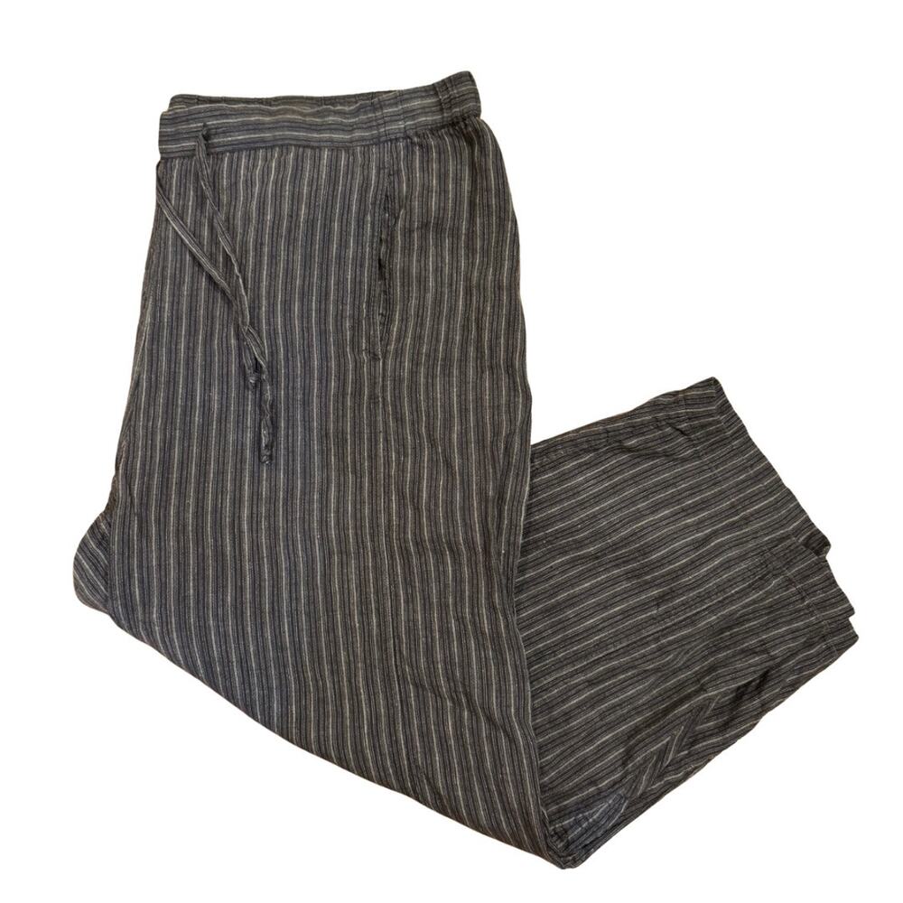 Coldwater Creek Gray Striped 100% Linen Drawstring Cropped Pant Plus Size 20W